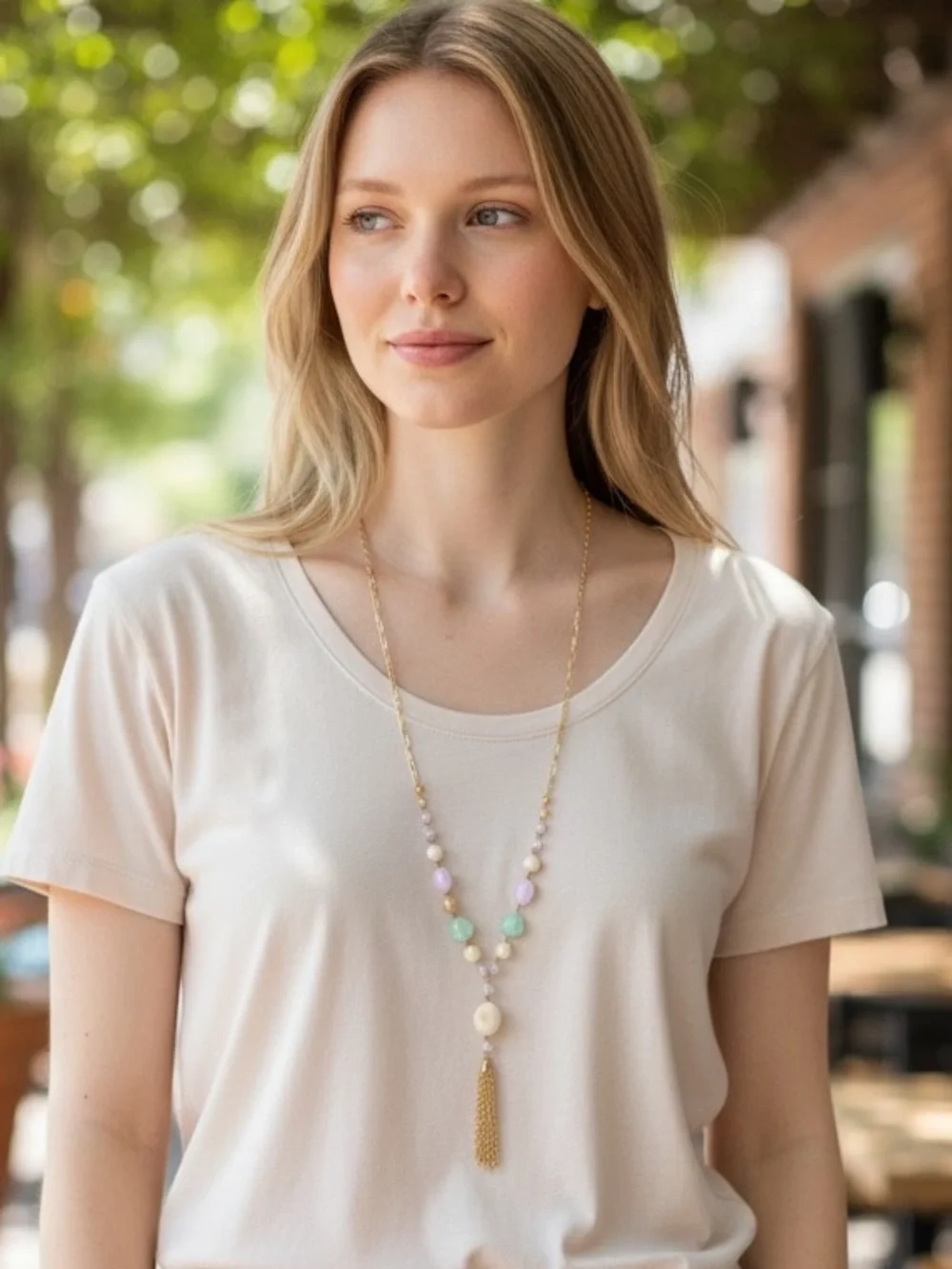 Long Gold Tassel Drop Necklace with Pink, Mint & Cream Beads